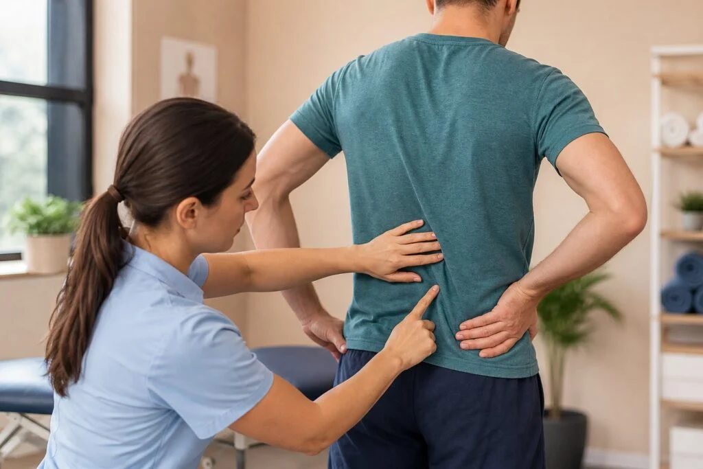 Fizyoterapist, ayakta duran danışanın bel omurgasını klinik değerlendirme sırasında inceliyor