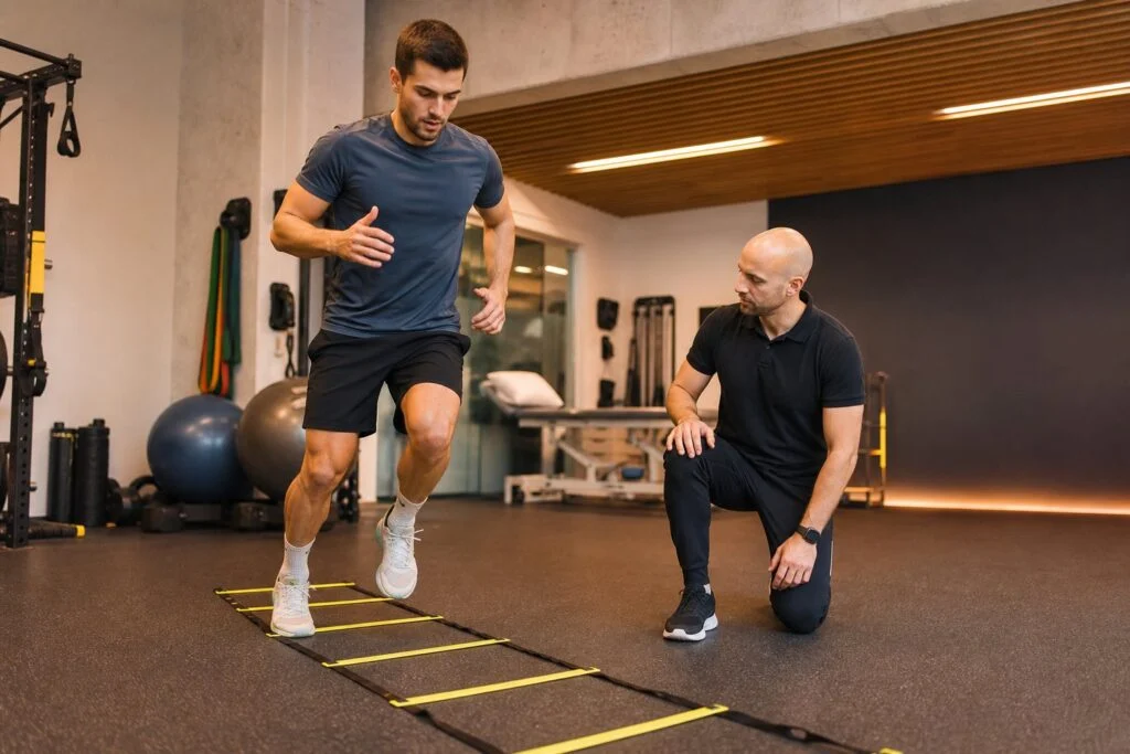Sporcu, rehabilitasyon salonunda çeviklik merdiveni çalışması yapıyor