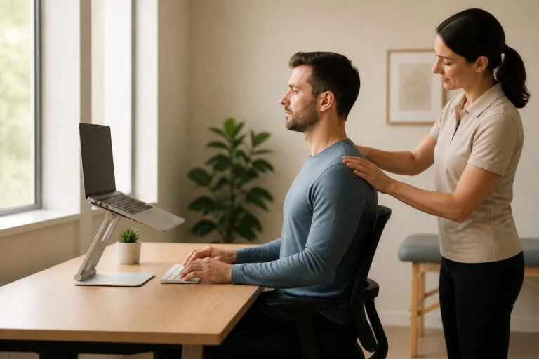 Fizyoterapist, masa başında oturan çalışanın omuz hizasını ergonomik duruş için düzeltiyor