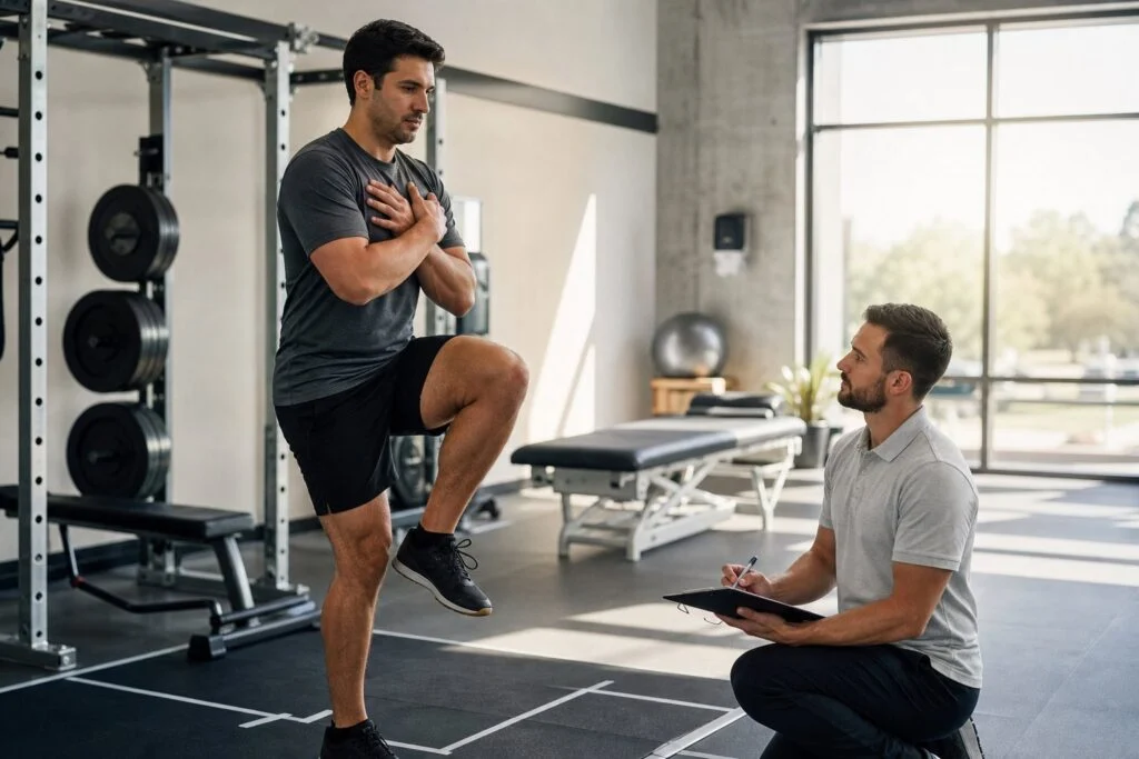 Sporcu, fizyoterapist gözetiminde tek bacak denge ve kuvvet testini tamamlıyor